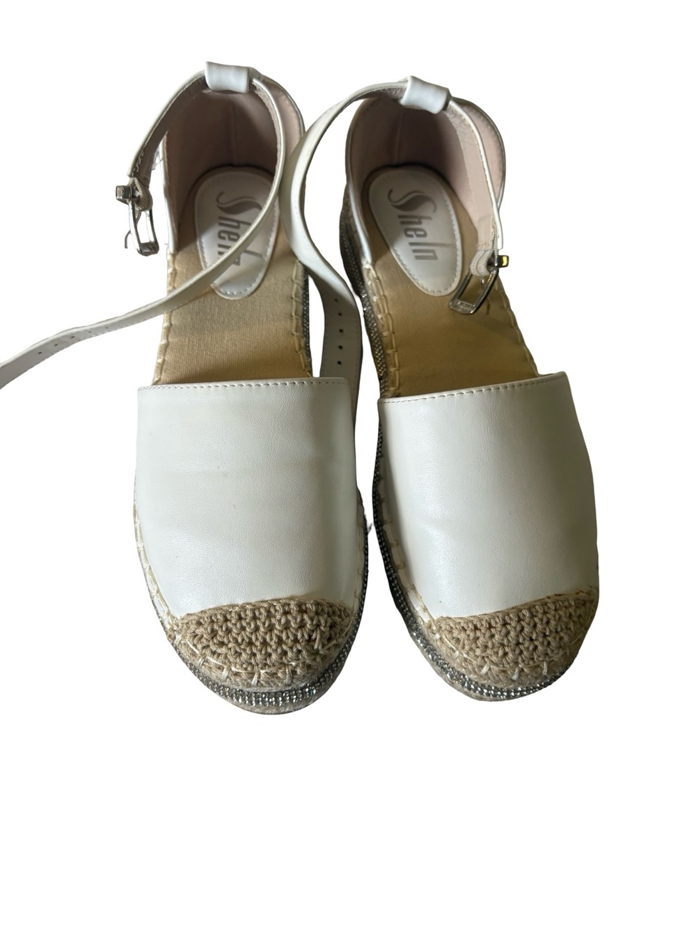 SHEIN Cream Espadrille Ankle-Strap Flats with Natural Woven Toe